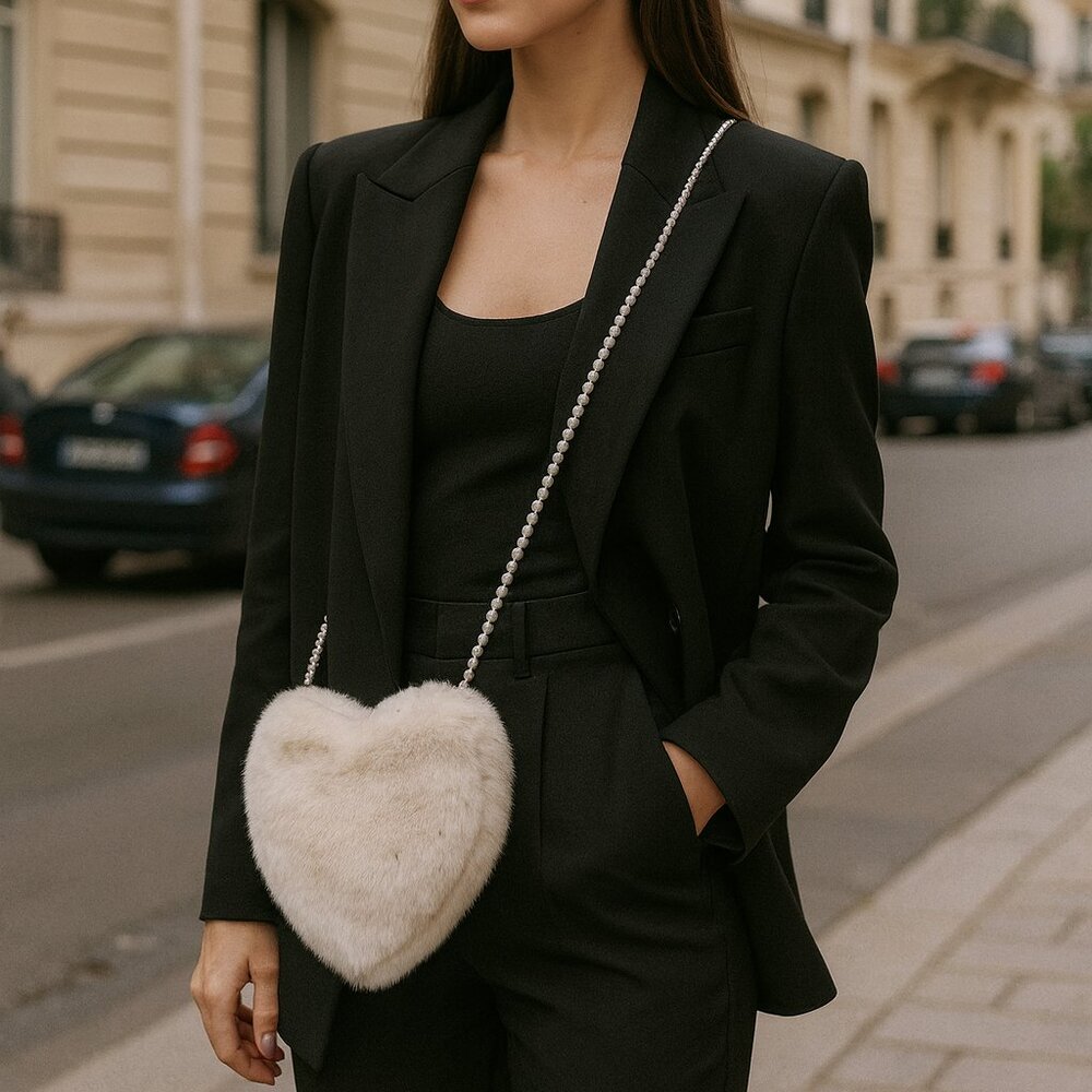 Beige Elegant Faux Fur Heart Shaped Purse Bag Crossbody Faux Pearl Chain Strap